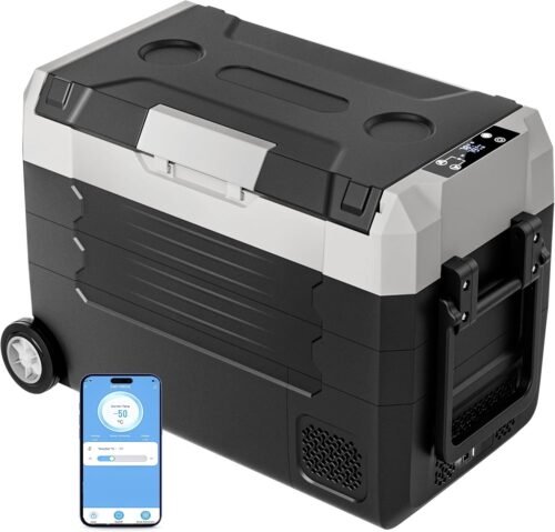 12 Volt Refrigerator, 53QT(50L) Compressor Electric Cooler with Wheels, Car Fridge with APP Control, Portable Freezer