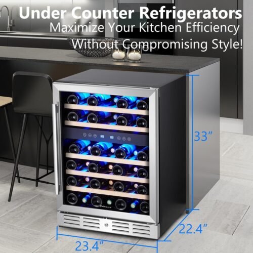 24 inch Wine Cooler, 46 Bottle - Dual Zone Built-in or Freestanding Fridge with Stainless Steel Reversible Glass Door - Image 2