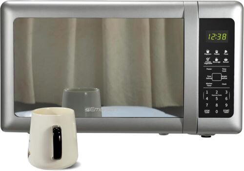 Compact Countertop Microwave Oven with Sleek Mirrored Finish Door 10 Power Levels, 6 Auto Menus