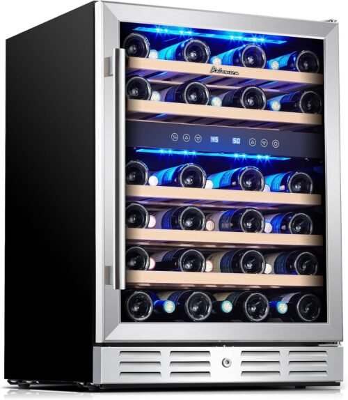 24 inch Wine Cooler, 46 Bottle - Dual Zone Built-in or Freestanding Fridge with Stainless Steel Reversible Glass Door