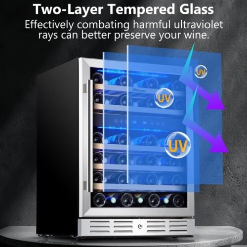 24 inch Wine Cooler, 46 Bottle - Dual Zone Built-in or Freestanding Fridge with Stainless Steel Reversible Glass Door - Image 6