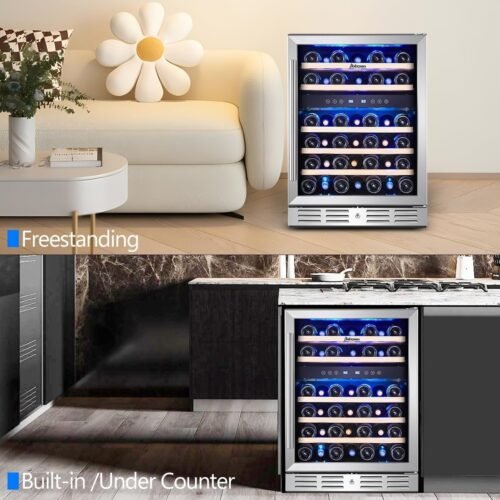 24 inch Wine Cooler, 46 Bottle - Dual Zone Built-in or Freestanding Fridge with Stainless Steel Reversible Glass Door - Image 7