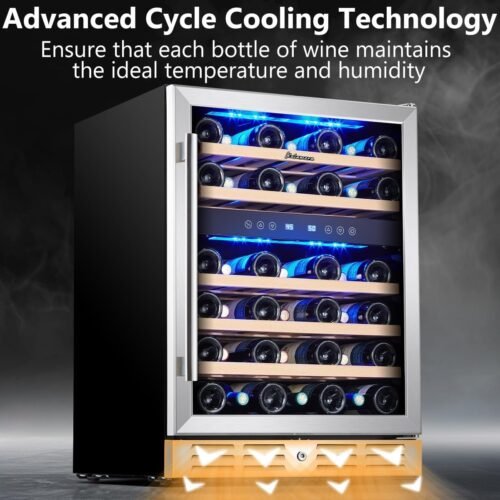 24 inch Wine Cooler, 46 Bottle - Dual Zone Built-in or Freestanding Fridge with Stainless Steel Reversible Glass Door - Image 4