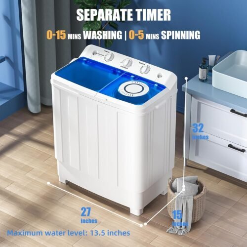 Portable Washing Machine, 28lbs Twin Tub Washer Mini Compact Laundry Machine with Drain Pump - Image 2