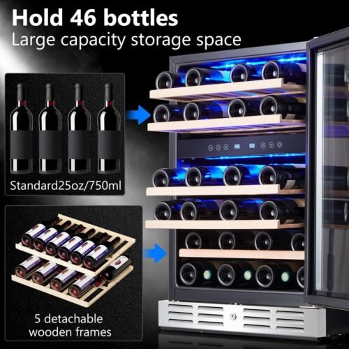 24 inch Wine Cooler, 46 Bottle - Dual Zone Built-in or Freestanding Fridge with Stainless Steel Reversible Glass Door - Image 3