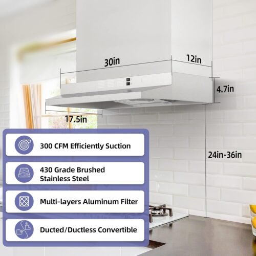 30 inch Range Hood Under Cabinet, Ducted/Ductless Convertible Stainless Steel Kitchen Range Hood with Rocker Button Control - Image 2